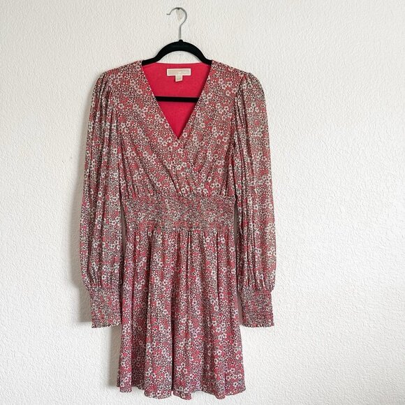 Michael Michael Kors Small Long Sleeve Pink Floral Print Smocked-Waist Dress - Picture 1 of 7